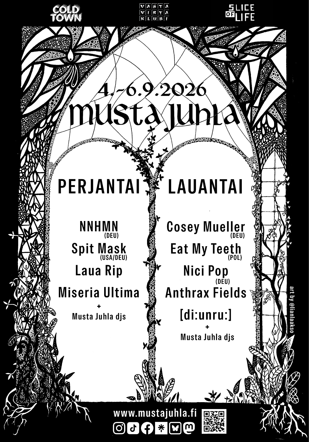 Musta Juhla 2026 festival poster listing artists.