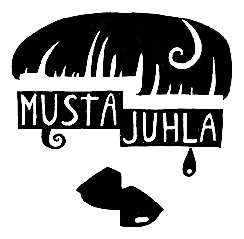 Logo with stylized Musta Juhla text with hair above and lips below it